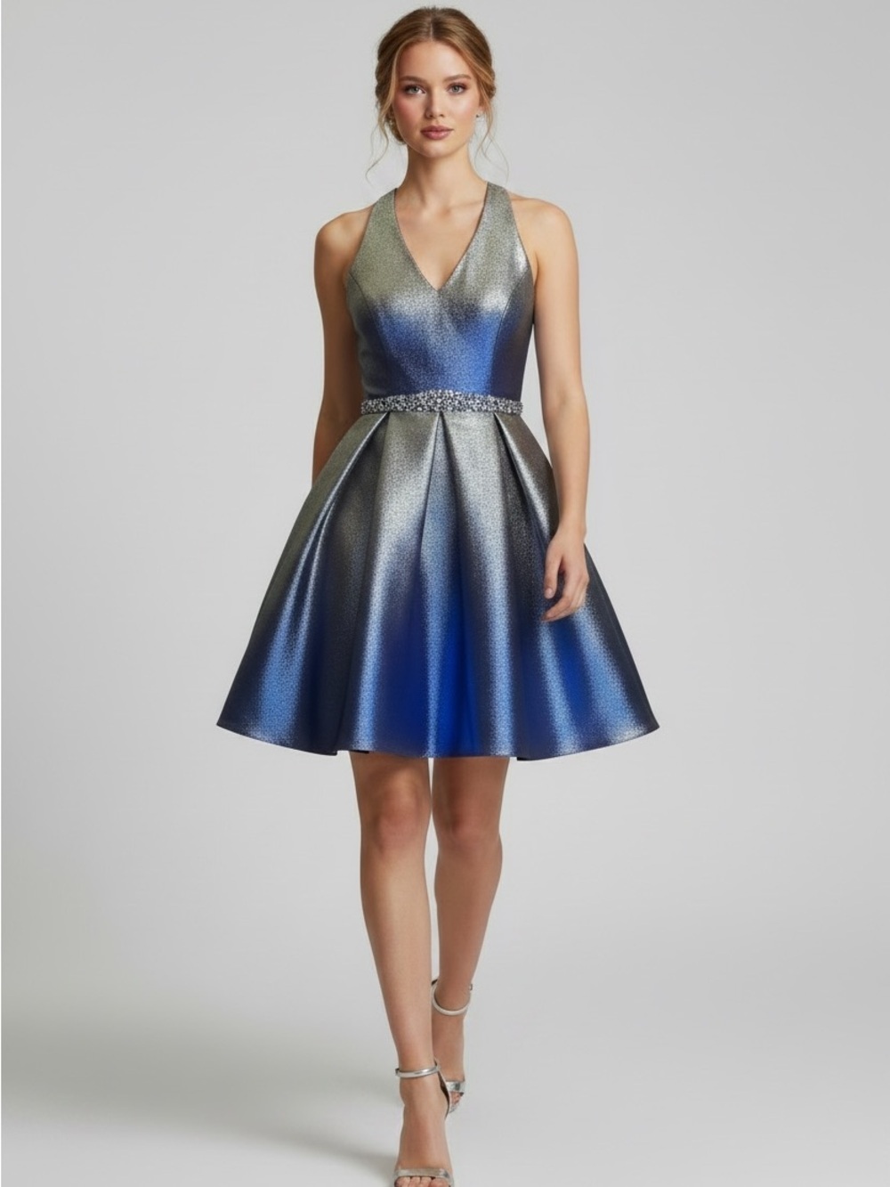 Terani Couture metallic Silver to Blue Shift homecoming mini dress Size 2